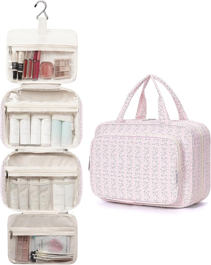 Narwey Travel Toiletry Bag for Women Large Hanging Makeup Bag Organizer Toiletries Bag for Full Size Essentials Accessories Cosmetics (Pink Flower Buds (Large))