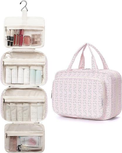 Narwey Travel Toiletry Bag for Women Large Hanging Makeup Bag Organizer Toiletries Bag for Full Size Essentials Accessories Cosmetics (Pink Flower Buds (Large))
