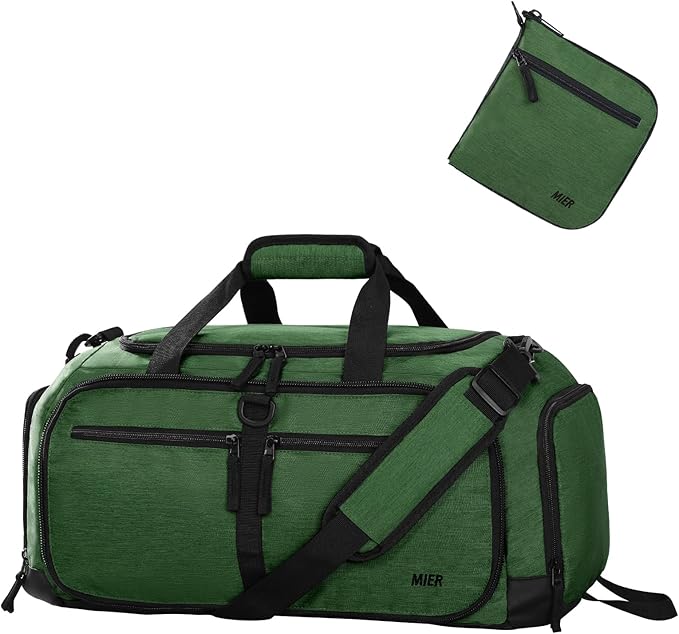 MIER Foldable Duffle Bag with Shoe Compartment 50L Travel Duffel Bags for Men Women Packable Overnight Bag for Camping Gym Weekender, Dark Green