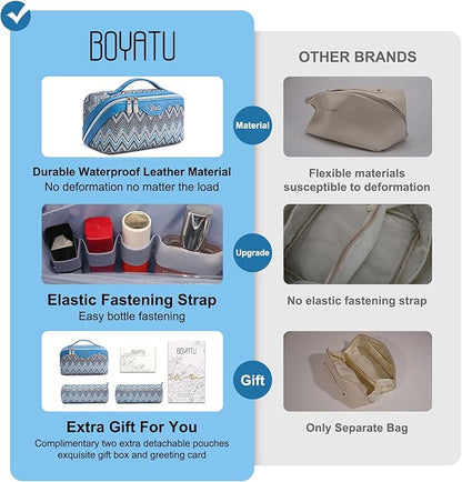 BOYATU Travel Makeup Bag for Women: Western Boho Make up Bag Set of 3 - Large Capacity Vegan Leather Cosmetic Bag - Waterproof Toiletry Bag with Compartments & Handle & Divider(J-4-Blue)