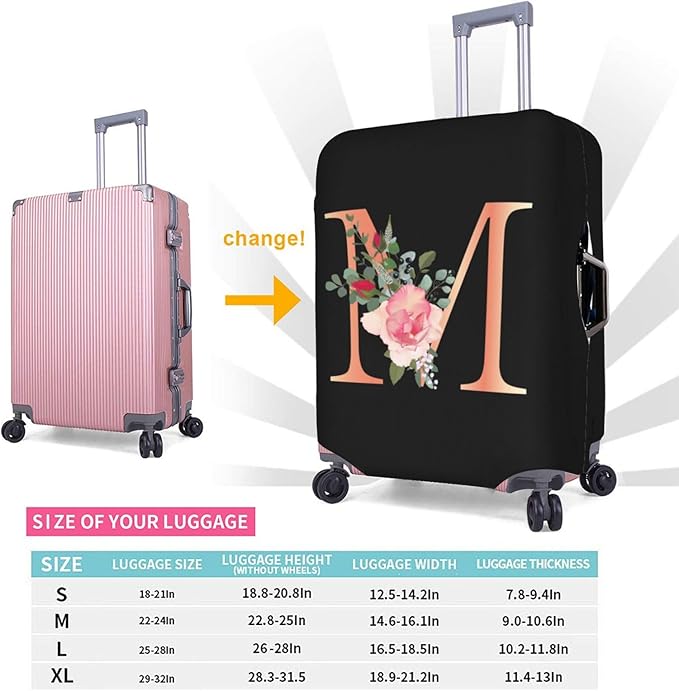 Floral Letter M Travel Luggage Cover Spandex Suitcase Protector Elastic Washable Stretch Suitcase Cover,Size S(Fit 18-21inch Suitcase)