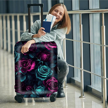 Suitcase Cover for Luggage 18-21 Inch, Washable Elastic Anti-Scratch Luggage Protector, Durable Zipper Baggage Cover with Handle Wrap, Travel Accessories for Suitcase, Purple-Green Rose