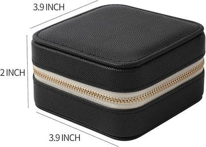 Genuine Leather Travel Jewelry Organizer Case with Mirror for Women, Small Mini Portable Jewelry Box for Earring, Ring, Necklace, Bracelet（Black）