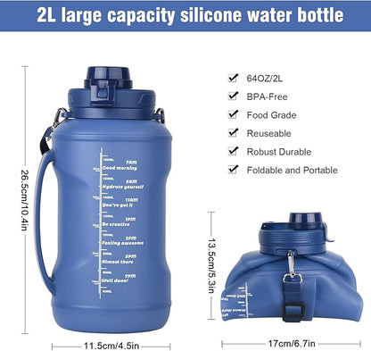 Collapsible Water Bottles, 2L/64OZ travel water bottle Bottle with Straw, Half Gallon Large Water Bottle for Travel Outdoor Sports Runing Fitness Yoga (Upgraded blue)