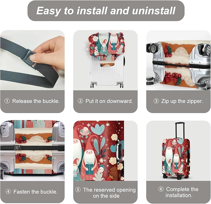 Christmas Gnome Luggage Cover - Red Background with Santa's Helpers, Trees and Snowmen, Elastic Holiday Travel Case for 32 34 Inch Bag