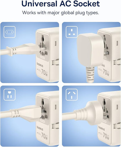 Baseus 70W Universal Travel Adapter with Retractable Cable, 6-in-1 International Plug Adapter, USB-C PD Fast Charging Worldwide Wall Charger for USA/EU/UK/AUS and Over 200 Countries (Off-White)