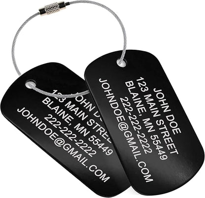 High Visibility Durable Anodized Aluminum Luggage Tags - 2 Pack, Customizable Travel ID Tag for Luggage, Golf Bags & More - Personalized Imprinted ID Tags (Black)