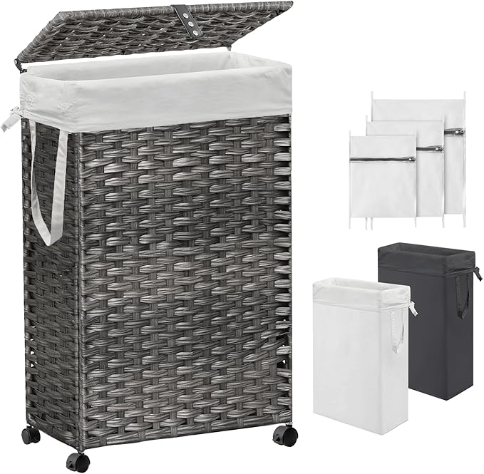 70L Slim Laundry Hamper with Lid & Wheels, Rolling Laundry Basket with 2 Removable Liner Bags & 3 Mesh Bags, Narrow Dirty Clothes Basket, Foldable Handwoven Rattan Laundry Sorter, Grey
