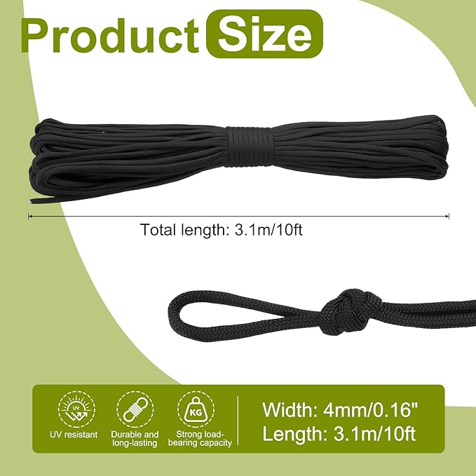 uxcell 4mm Nylon Rope, 10ft Portable Clothesline for Luggage and Backpack Tie Downs, Hanging Clothes, Swings, Camping and Mountaineering Tie Downs, Black