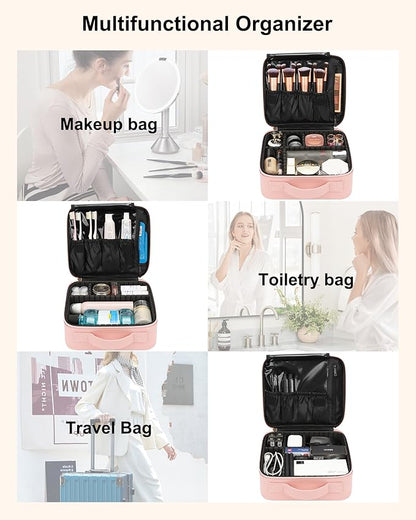 Relavel Travel Makeup Train Case Cosmetic Case Organizer Portable Artist Storage Bag with Adjustable Dividers for Cosmetics Makeup Brushes Toiletry Jewelry Digital Accessories (Pink)
