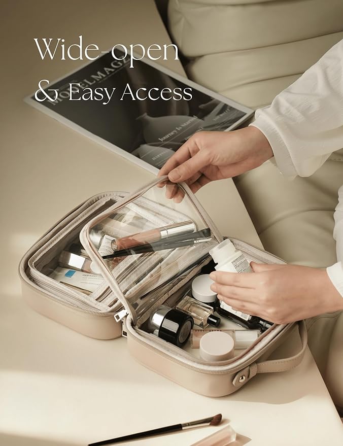 Clear Cosmetic Bag Double Layer 4 Compartments Travel Toiletry Bag Clear Makeup Bag Case with Zipper Transparent Travel Bag for Toiletries, Gift for Women Girls (Taupe, Small)