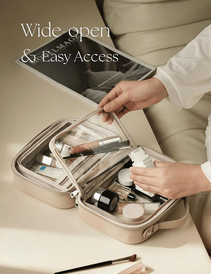 Clear Cosmetic Bag Double Layer 4 Compartments Travel Toiletry Bag Clear Makeup Bag Case with Zipper Transparent Travel Bag for Toiletries, Gift for Women Girls (Taupe, Small)