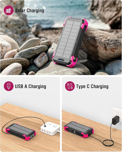 Solar Charger Power Bank, 42800mAh Wireless Portable Charger with USB-C in/Output, QC3.0 Fast Charging 15W 4 Ports Outdoor Battery Pack Built-in Dual Led Flashlights for iPhone Samsung etc Red