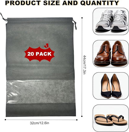 20 Pack Shoe Bags for Travel, 17" x 12.6" Drawstring Shoe Organizers with Clear Window, Breathable Non-Woven Dustproof Pouches for Luggage & Closet (Gray)