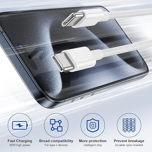USB C to USB C Fast Charging Cord, Type C to Type C 10 feet Nylon Braided Charger Cable for iPhone17/16/15 Pro max/Mini/Plus/MacBook/iPad Air/Mini/Pro/Samsung 23+/23/22+/22
