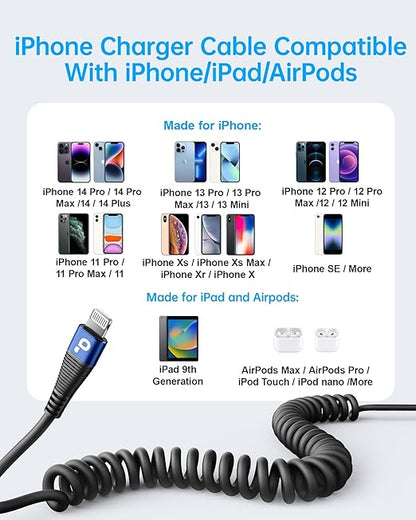 iPhone Charger Cable for Car 3FT, 2Pack Coiled Lightning Cable, [Apple MFi Certified] Retractable Charging Cord Compatible with iPhone 14/13/12/11 Pro Max/XS MAX/XR/XS/8/iPad/iPod/CarPlay-Blue