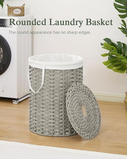 Laundry Basket with Lid Round Rattan Laundry Hamper with Lid and Handles 29.1 Gal (110 L) Handwoven Woven Basket with Removable Bags and 2 Mesh Bags for Bathroom Living Room Gray