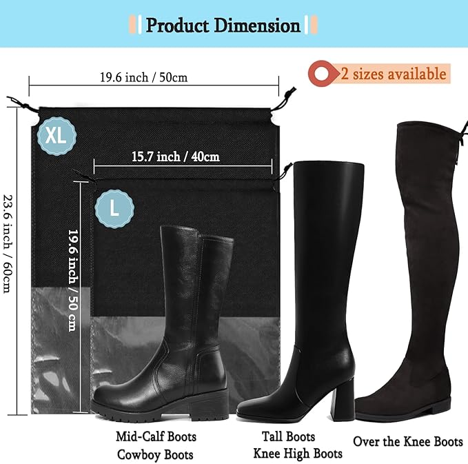 6 Pack Dust Bags for Purses and Handbags, Large Non-Woven Dustproof Drawstring Bags, Travel Shoe Bags, Purse Dust Bags for Storage with Transparent Slot - 19.6in X 23.6in, Black