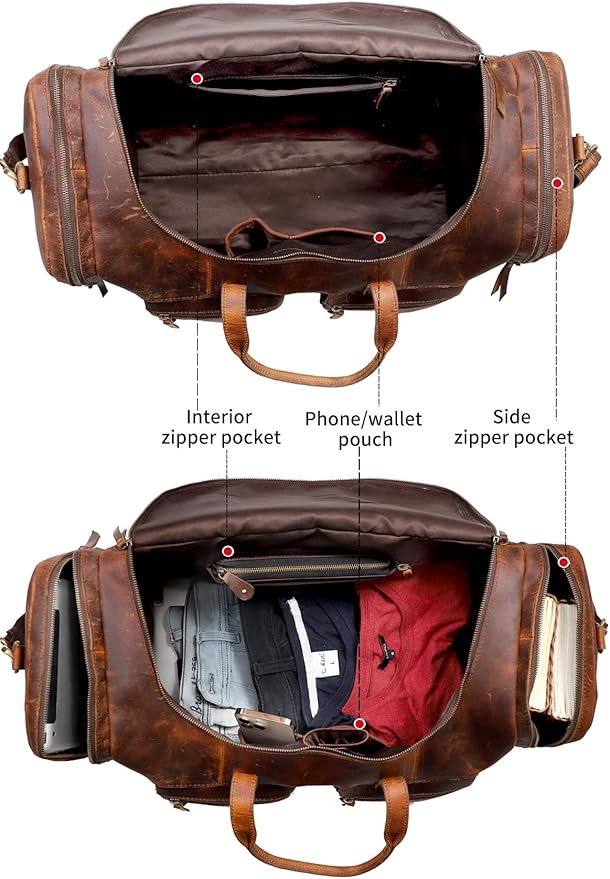 28" Vintage Duffel Classic Style with Modern Outlook Retro Thick Full Grain Cowhide Handmade Airplane Underseat Carry On Bags Leather Gym Overnight Luggage Bag (24 inch)