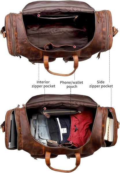 28" Vintage Duffel Classic Style with Modern Outlook Retro Thick Full Grain Cowhide Handmade Airplane Underseat Carry On Bags Leather Gym Overnight Luggage Bag (24 inch)