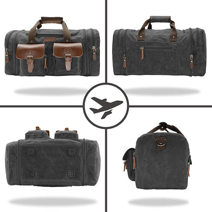 Wildroad 60L Travel Duffel Bag, Expandable Waxed Canvas Genuine Leather Duffle Bag Upgraded Overnight Weekender Bag Carry on Bag (Vintage Black, X Large-60L)