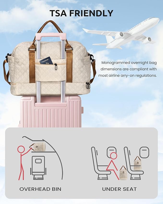 Initial Duffle Bag with Shoe Compartment, Personalized Weekender Bag, Monogram Overnight Bag for Women with Trolley Sleeve & Wet Pocket, Letter Travel Bag with Makeup Bag (Letter K), Beige