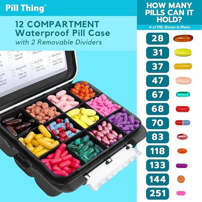 2-Pack Large Pill Organizer – Black + Blue | 12-Compartment Weekly Pill Box Case with Removable Dividers, Waterproof, Travel-Friendly (Combo Pack - 1 Black & 1 Blue)
