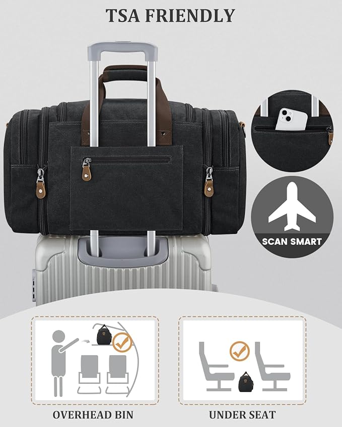 Gonex Canvas Duffle Bag for Travel, Expandable Water Resistant 50L Carry on Duffel Overnight Weekender Gym Bag with Wet Dry Separation Pocket & Suitcase Handle Sleeve, Dark Grey