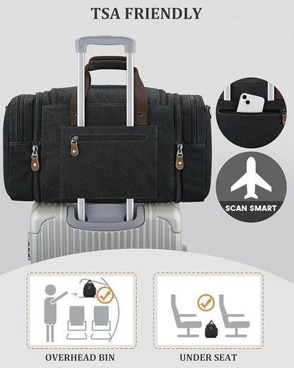Gonex Canvas Duffle Bag for Travel, Expandable Water Resistant 50L Carry on Duffel Overnight Weekender Gym Bag with Wet Dry Separation Pocket & Suitcase Handle Sleeve, Dark Grey