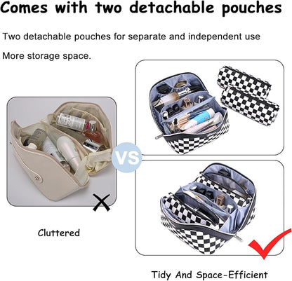 BOYATU Travel Makeup Bag Cosmetic Bags for Women: Large Make up Bags Set of 3 - Portable Makeup Organizer with Compartments&Handle&Divider - Waterproof PU Leather Toiletry Bag(A-5-Checkered Mix Black)