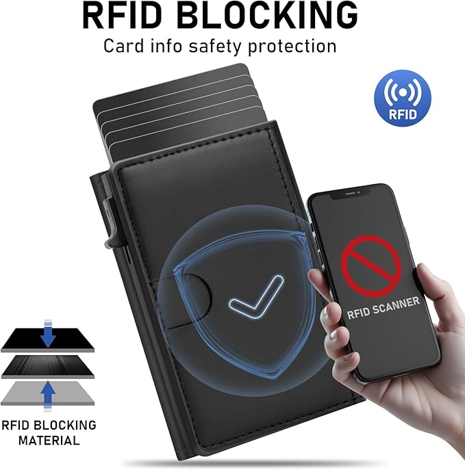 Business Card Holder Leather Wallets for Men Rfid Blocking Wallet Front Pocket Pop Up Aluminum Case Black Card Cases with 1 ID Window
