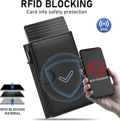 Business Card Holder Leather Wallets for Men Rfid Blocking Wallet Front Pocket Pop Up Aluminum Case Black Card Cases with 1 ID Window