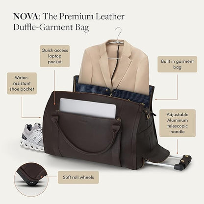 Wool & Oak - NOVA Large Duffle Bag with Wheels - Carry On Garment Duffle Bags for Travel, Overnight, Hospital - Travel Bags with Shoe Compartment & Tech Pocket - Gifts for Men (Leather, Sand)