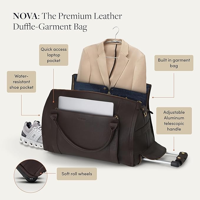 Wool & Oak - NOVA Large Duffle Bag with Wheels - Carry On Garment Duffle Bags for Travel, Overnight, Hospital, Travel Bags with Shoe Compartment, Tech Pocket - Gifts for Men (Leather, Jet Black)