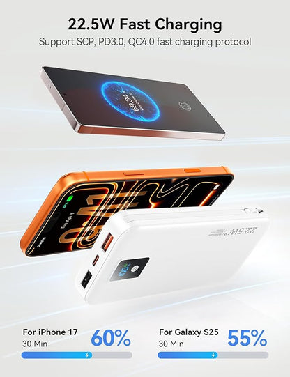 Portable Charger, 12000mAh 22.5W Fast Charging Power Bank with Built-in Cables & Wall Plug, Travel Essentials Battery Pack with LED Display, USB C External Battery Bank for iPhone iPad, Samsung White