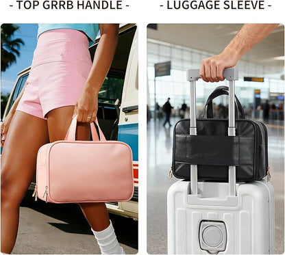 Large Travel Toiletry Bag with Makeup Brush Holder, 25 Pockets, Double Reinforced Handles & Luggage Sleeve, Waterproof PU Leather Cosmetic Organizer (Pink)