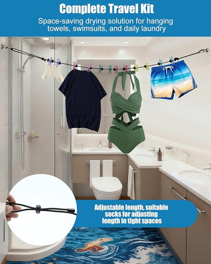 Magnetic Retractable Clothesline for Cruise Ship–12 Anti-Slip Clips & Waterproof Storage Bag, Portable Travel Laundry Line, Cruise Essentials for Cabin, Camping, RV
