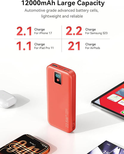 Portable Charger, 12000mAh 22.5W Fast Charging Power Bank with Built-in Cables & Wall Plug, Travel Essentials Battery Pack with LED Display, USB C External Battery Bank for iPhone iPad, Samsung Red