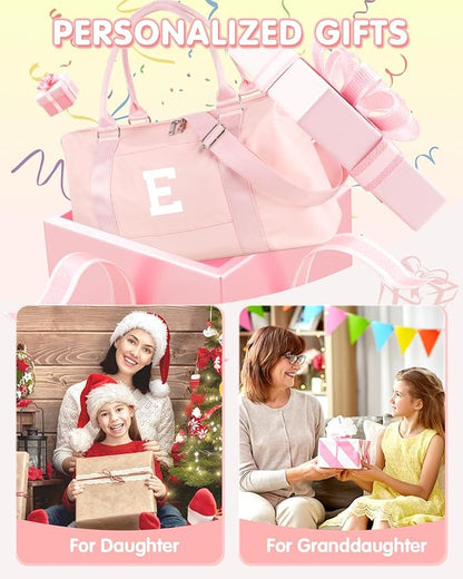 Initial Travel Duffel Bag Sports Gym Bag for Girls Teen Birthday Gifts,Pink Personalized Weekender Carry On Tote Bags for Women Men,Waterproof Overnight Luggage Bag with Trolley Sleeve(Letter E)