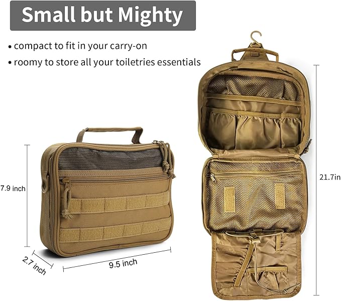 SMONT Toiletry Bag for Men Travel Toiletry Organizer Dopp Kit Travel Organizer Toiletries Tactical Bag Shaving Hygiene Bag Bathroom Hanging Men's Toiletry Bag for Short Trips Brown
