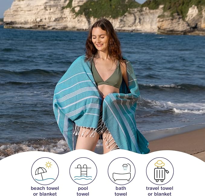 Turkish Beach Towels, Pack of 2 | Oversized, Quick Dry, Sand Free | 100% Cotton, Large 38x71 Towels for Beach, Pool, Travel | Ultra-Soft, Compact, and Absorbent | Teal