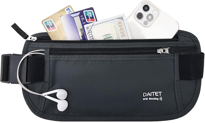 RFID Blocking Money Belt for Men Women, Slim Fanny Pack for Travel，Running,Conceal Waist Wallet for Passport Holder,Phone,Cash(Black Dark Grey)