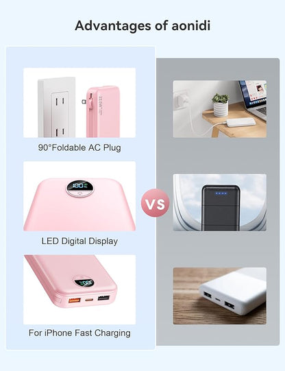 12000mAh Ultra-Portable-Charger-Power-Bank with Built in Cables&AC Wall Plug,PD20W USB-C Fast Charging Cell Phone Charger Battery Pack,LED Display Travel Battery Bank for All iPhone,Samsung,Android