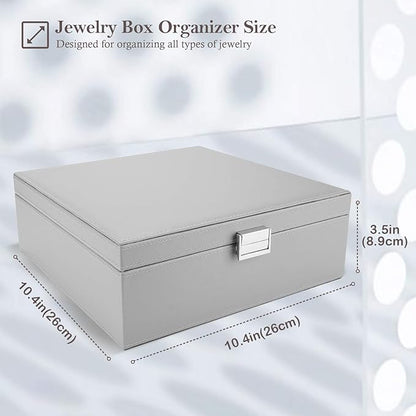 ProCase Jewelry Box for Women, 2 Layers Large Leather Jewelry Organizer Storage Case with Removable Pad for Earrings -Grey