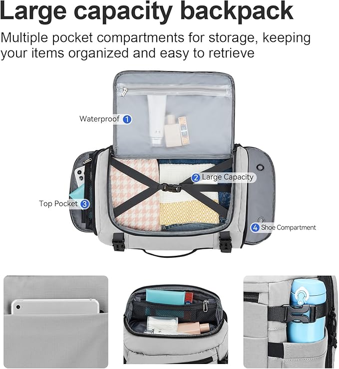 Carry On Travel Backpack with Shoe Compartment Flight Approved Laptop Backpack Expandable Work Business Backpack for Women Men Casual Daypack, Light Gray