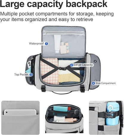 Carry On Travel Backpack with Shoe Compartment Flight Approved Laptop Backpack Expandable Work Business Backpack for Women Men Casual Daypack, Light Gray