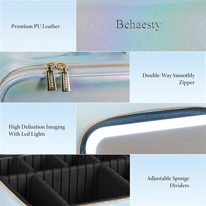 Travel Makeup Bag with LED Lighted Mirror, Cosmetic Makeup Organizer Bag with 3 Color Setting, Makeup Train Case with Adjustable Dividers for Women Makeup Brushes Jewelry Accessories