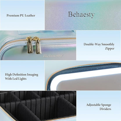 Travel Makeup Bag with LED Lighted Mirror, Cosmetic Makeup Organizer Bag with 3 Color Setting, Makeup Train Case with Adjustable Dividers for Women Makeup Brushes Jewelry Accessories