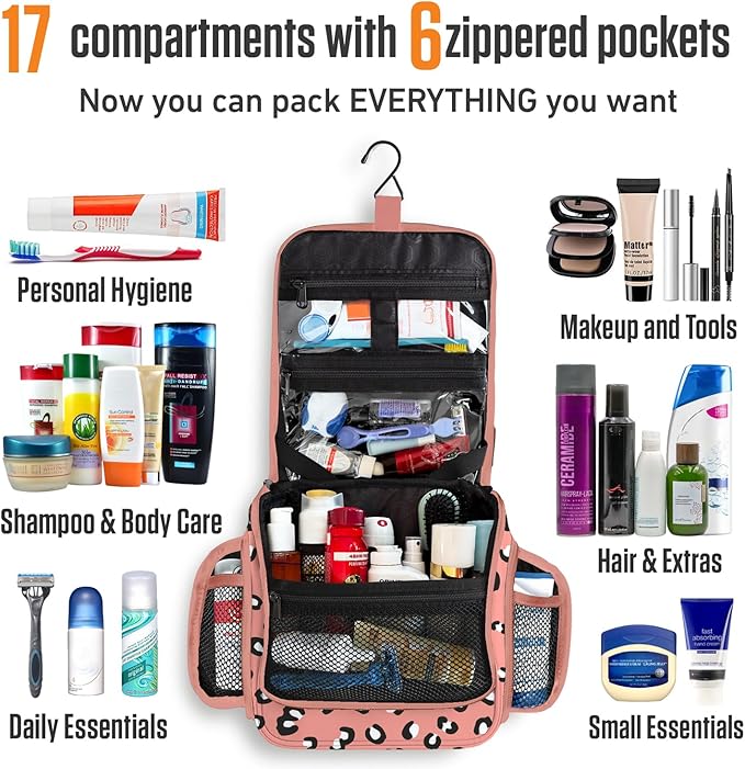VENTURE 4TH Hanging Travel Toiletry Bag for Women & Men - Travel Organizer with Expandable Compartments & Removable Clear Pouch for Toiletries (Pink Cheetah)