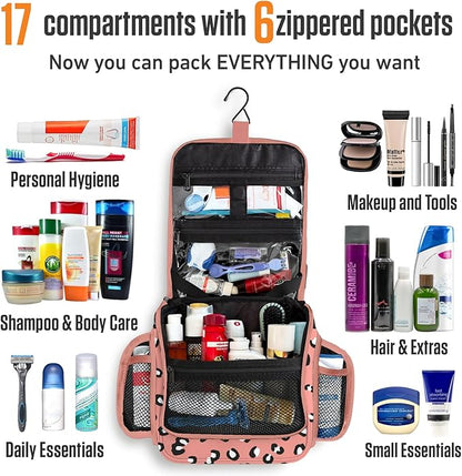 VENTURE 4TH Hanging Travel Toiletry Bag for Women & Men - Travel Organizer with Expandable Compartments & Removable Clear Pouch for Toiletries (Pink Cheetah)